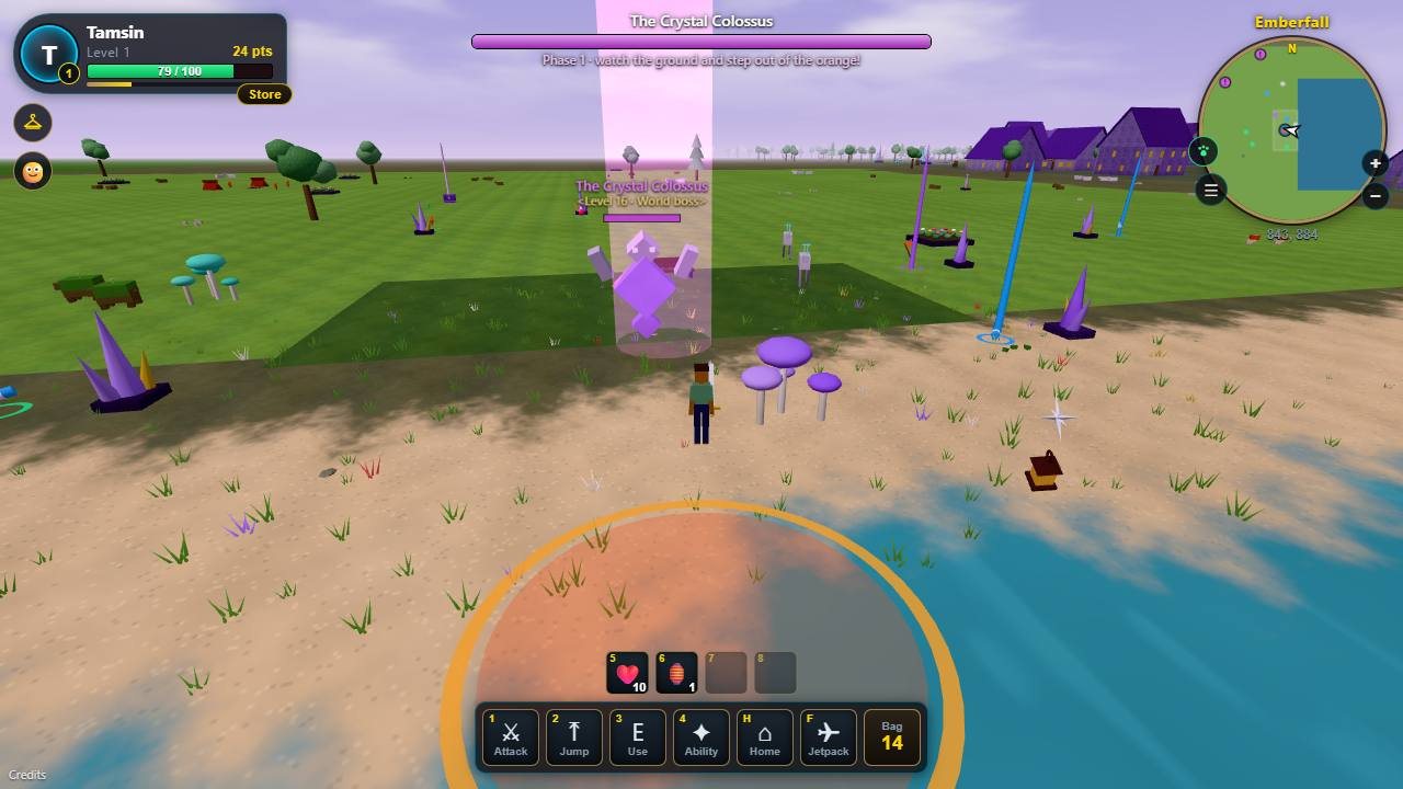 The Crystal Colossus, a world boss! Watch the glowing ground and step out of the way.