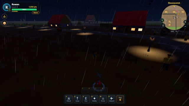 Rain at night in Stonewatch: the lamps glow and every window lights up.