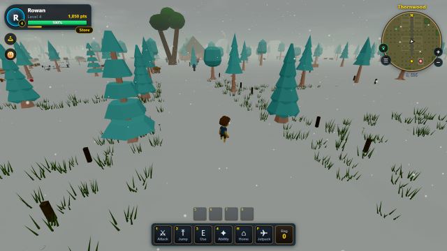 Snow falling in the deep woods of Thornwood.