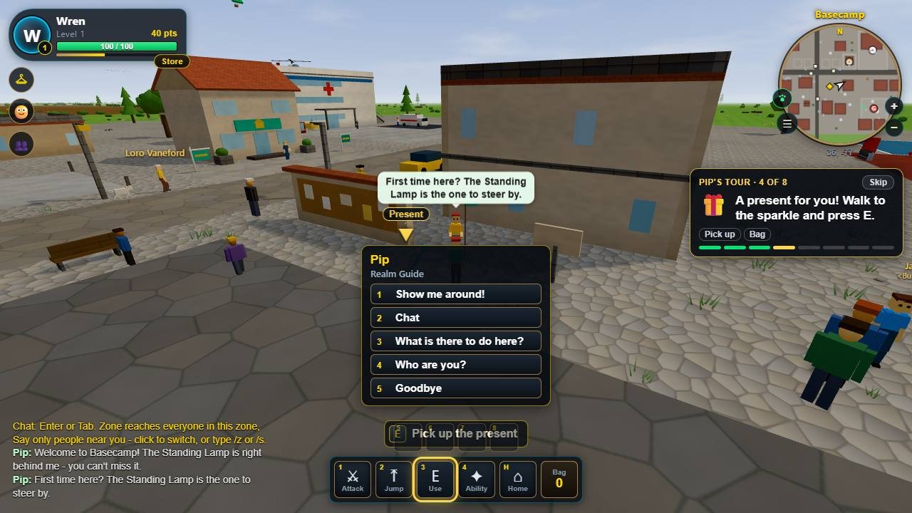 Say hi to Pip! The Realm Guide's tour takes eight quick steps, with a reward at the end.
